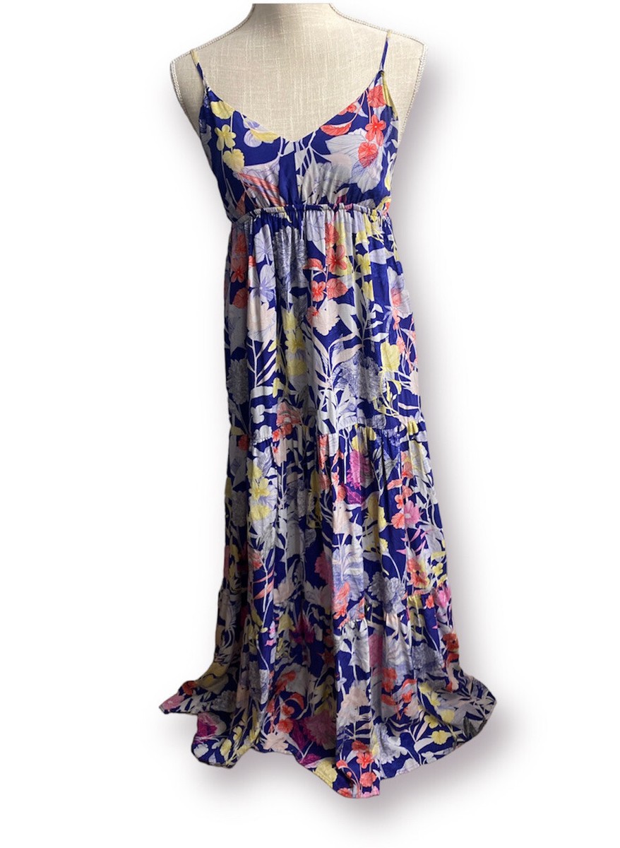 YUMI KIM Blue Floral Summer Maxi Dress 100% Silk Anthropologie Size XS