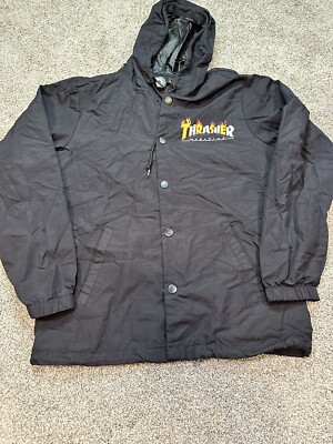 THRASHER Skate Magazine Black Flame Jacket Hooded Windbreaker size Small