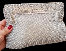 New Silver With Rhinestone Encrusted Closure  Rhinestone Mesh Clutch- 8' x 6''
