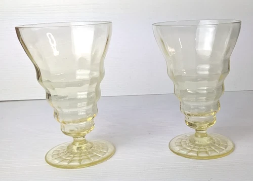 2Vintage Yellow DEPRESSION GLASS Footed Tumblers Goblets Art Deco Anchor Hocking
