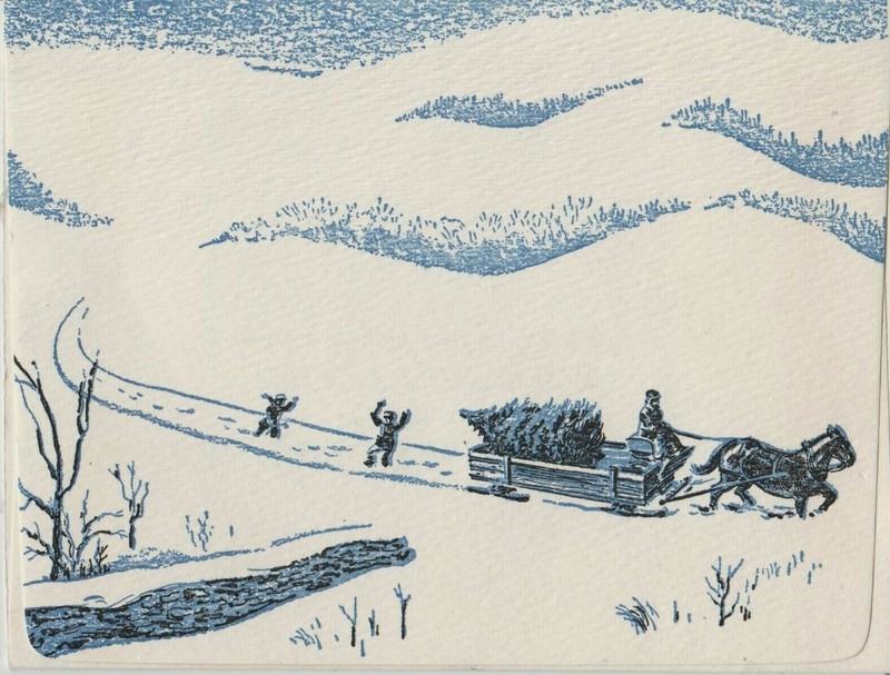  VINTAGE CHRISTMAS GREETING CARD SLEIGH RIDE BRINGING HOME THE TREE UNUSED