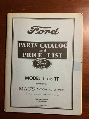 Ford Parts Catalog and Price List Model T TT September 1980 Mac's Antique Auto