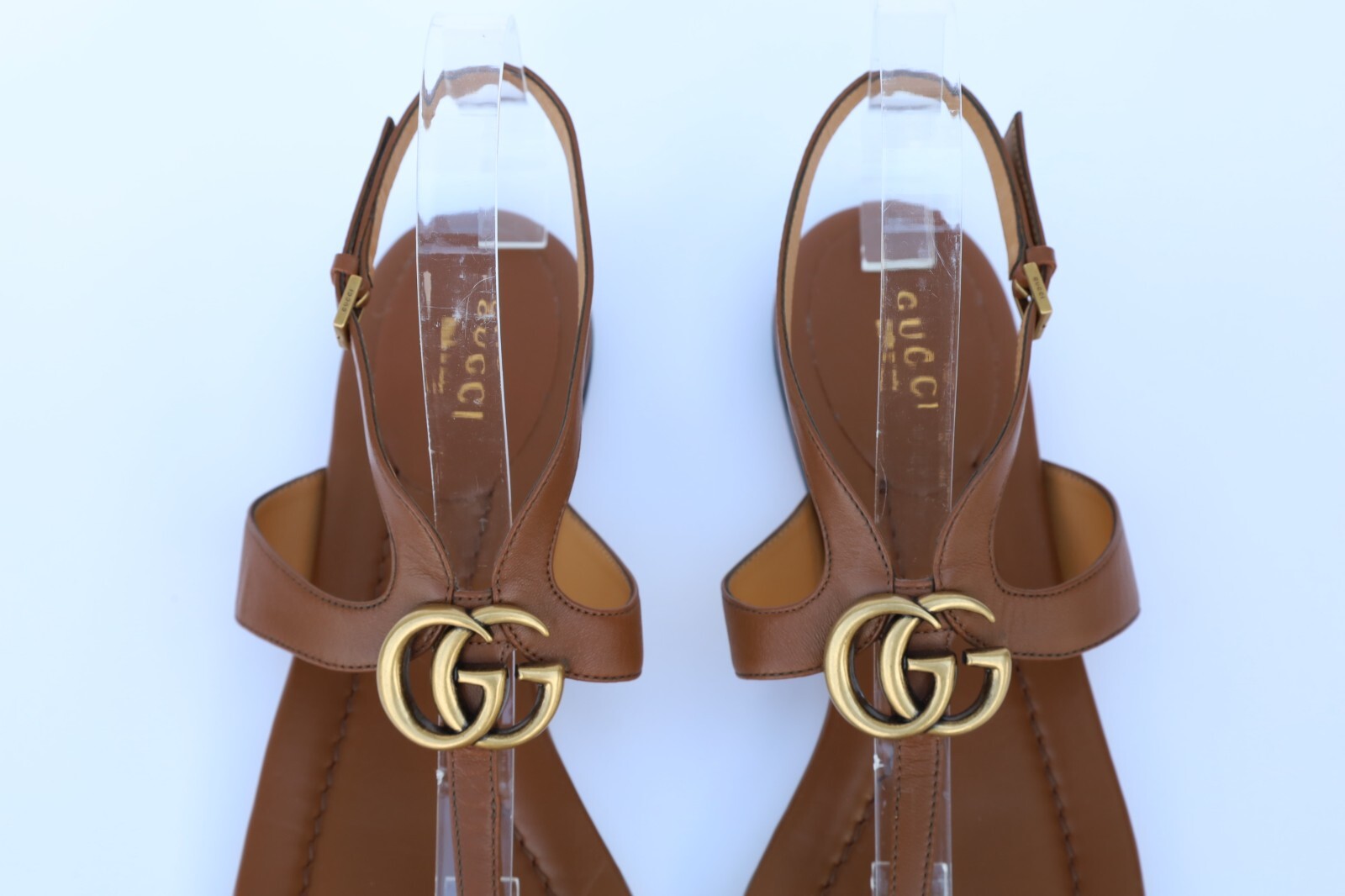 Gucci GG Logo Thong Ankle Strap Sandals Size 38.5 - US 8.5 in Brown Leather image 9