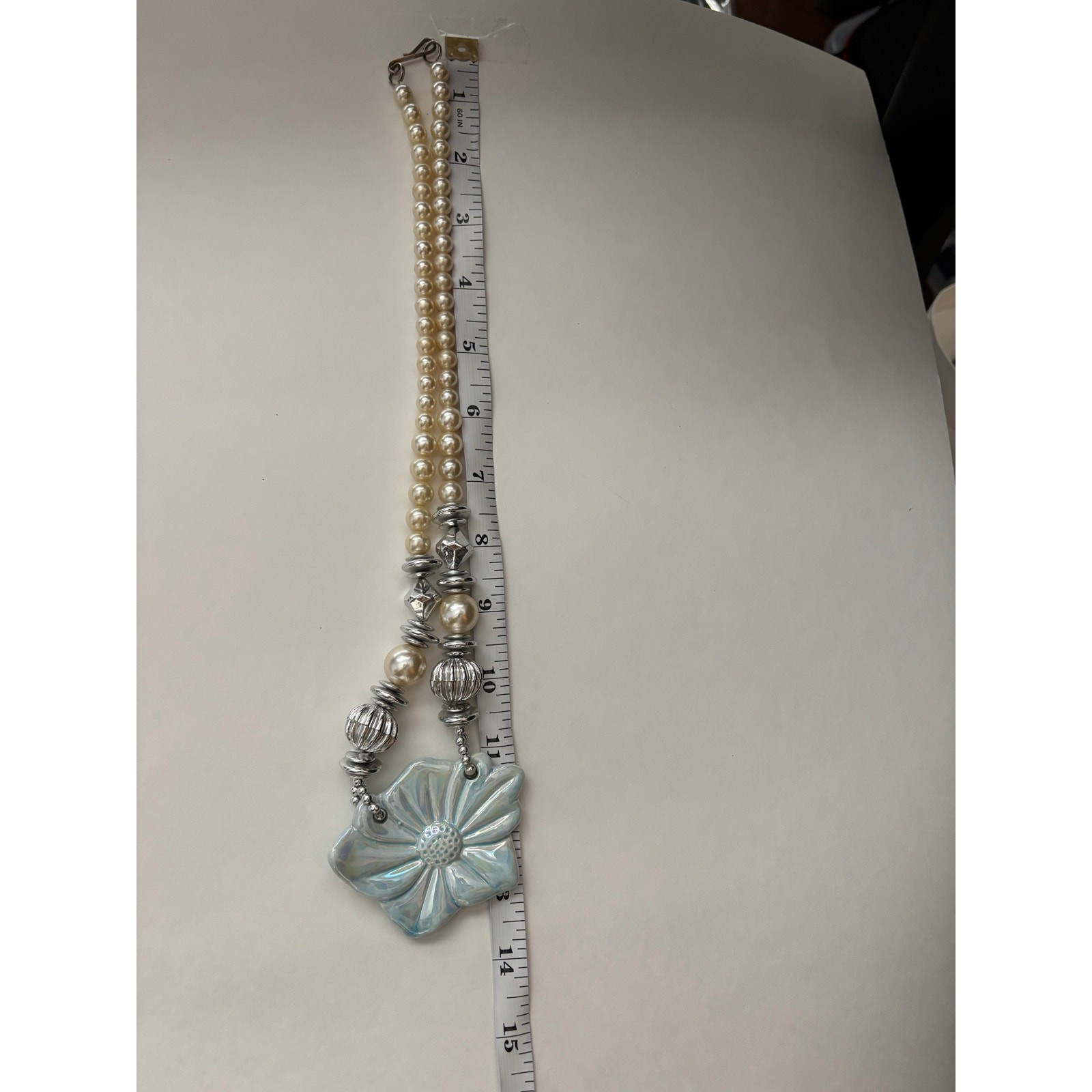 Women's Faux Pearl Blue Ceramic Flower Necklace Silver Beaded Fairy Mermaid Gift