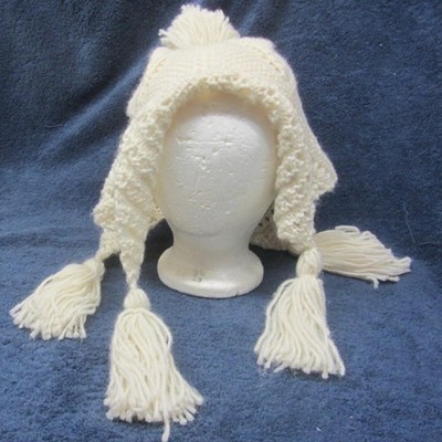 Danish Hand Knit Off white Ladies Tasseled Winter Cap Scandinavian Hat Unique