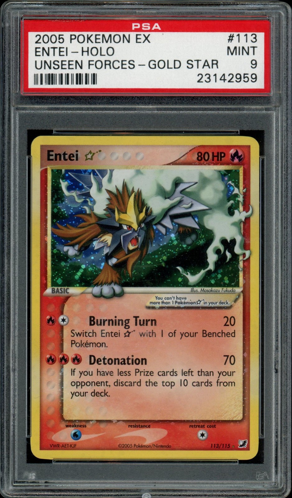 Entei Gold Star #113/115 EX Unseen Forces Pokemon 2005 PSA 9