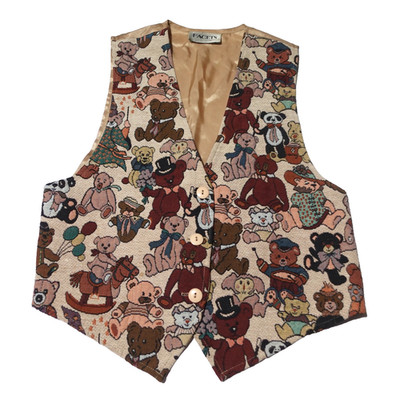 Vtg Facets Tapestry Button Teddy Bear AOP Waist Coat Vest Size M USA
