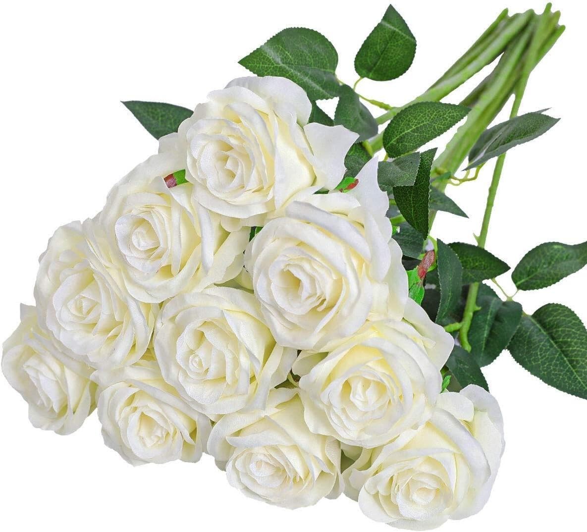 Nubry Artificial Silk Rose Flower Single Stem Lifelike Fake Off White