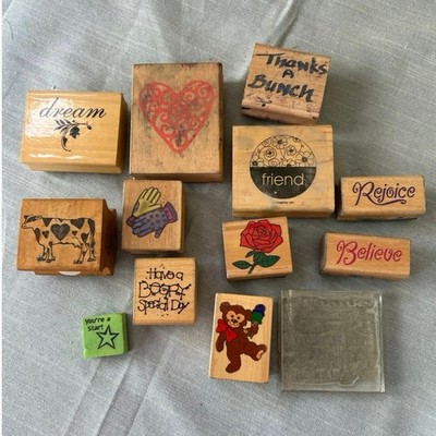 Wood Block Stamps Dream Heart Bear Cow Friend Rose Believe Gloves etc. lot of 13