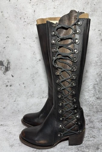 Freebird Chapelle Croc Embossed Leather Lace Up Knee High Western Boots US 9