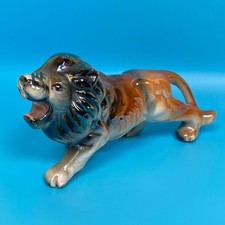 Vintage Iridescent Lusterware Roaring Lion Figurine Japan Brown Glaze 6" MCM