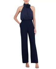 Eliza J Embellished Mock-Neck Jumpsuit Women's 10 Navy Back Zip Closure
