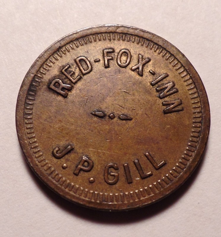 Burlington Wisconsin WI trade token Red Fox Inn 5¢ round brass J. P. Gill