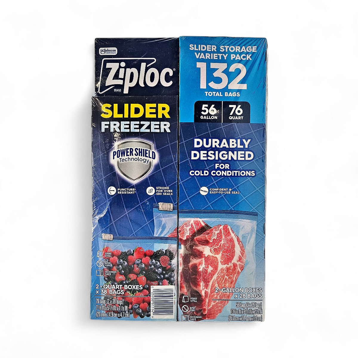 Ziploc Slider Seal Freezer Storage Bags Variety Pack 56 Gallon + 76 Quart