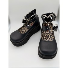 Demonia Sprite-02 Black Platform Mary Jane Heart Buckle Leopard Print Shoes Sz 6