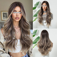 Real Human Hair Wig New Fashion For Women Long Blonde Mix Brown Wavy Wigs 26In