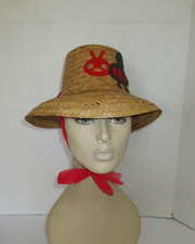 Vintage 1960's Novelty Bucket/Lampshade Summer Straw Hat w/Bee Applique & Tie