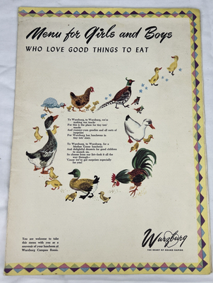 #ad Wurzburg Restaurant Grand Rapids Michigan Children#x27;s Only 12.5quot;x18quot; Menu 1950#x27;s $37.90