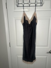 Victoria's Secret 100 Silk Slip Dress Or Nightie Black W/ Beige Lace Trim Sz M