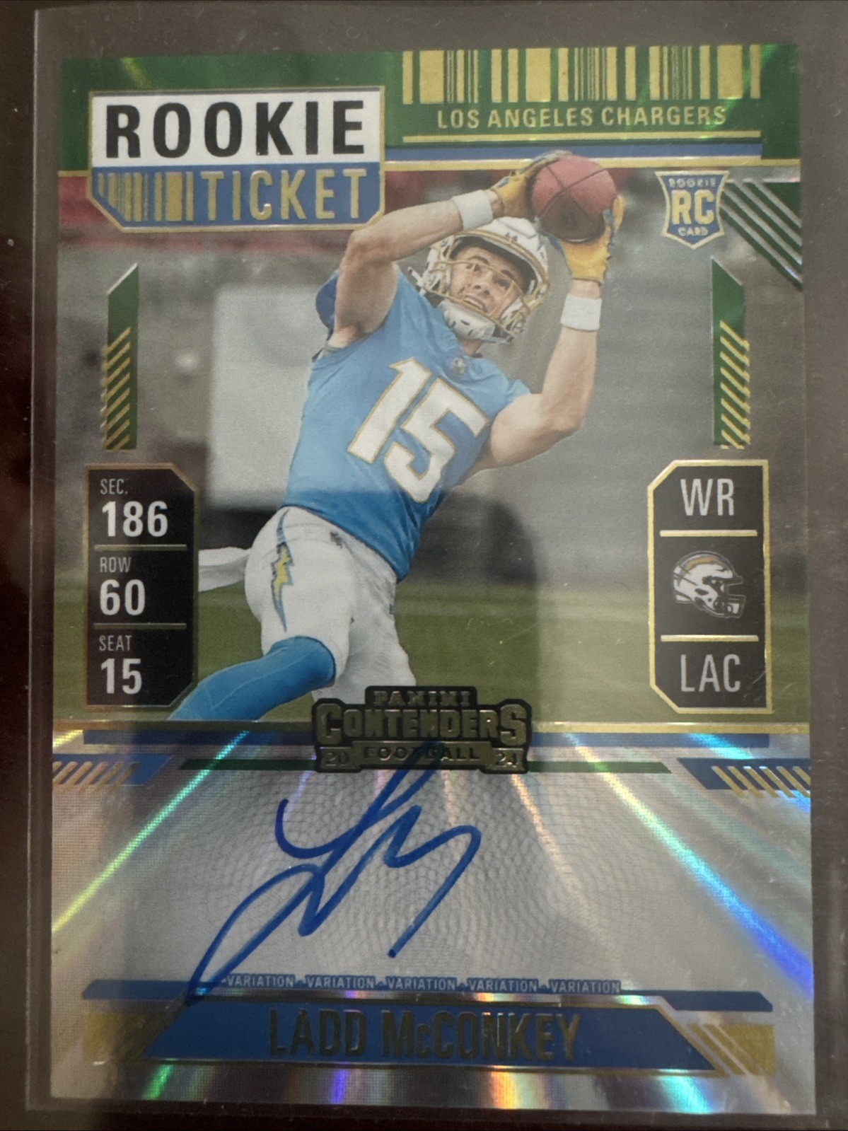 Ladd McConkey Panini Contenders #110 Variation-Autograph-Goal Line Ticket Fotl