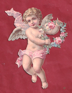 Très Rare Chromo Decoupis. Magnifique Bébé Fille Ange Au Roses Et Ruban Rose.