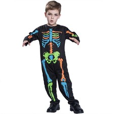 Kids Skeleton Costume Colorful Bone Jumpsuit Halloween Party Outfit Children