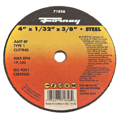 71856Forney Industries CUT-OFF WHEEL, METAL, TYPE 1 (FLAT), 4 IN X 1/32 IN X 3/8