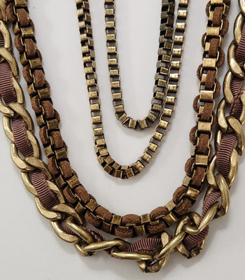Vtg Talbots 4 Layer Brasstone Necklace Ribbon Suede Weaving Distressed Design