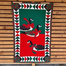 Vtg Hand stitched Grandma Patchwork Quilt Canadian Goose Christmas 43.25"x69"