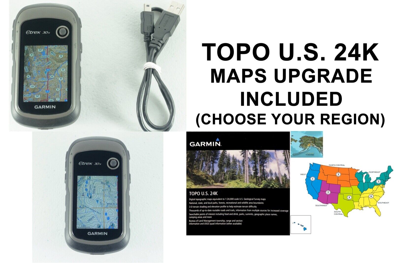 Garmin eTrex 30x GPS w/ TOPO U.S. 24K Your Region & 100K Upgrade Bundle! |