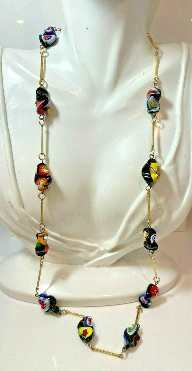 Collier Vintage En Verre D'art Millefiori - Orange, Vert, Doré, Longueur 88,9 Cm