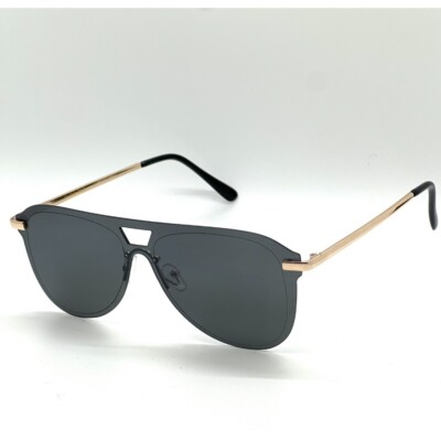Sunglasses Flat Top Shield Gold Accents Fashion Dark Black Lens Pilot Style New