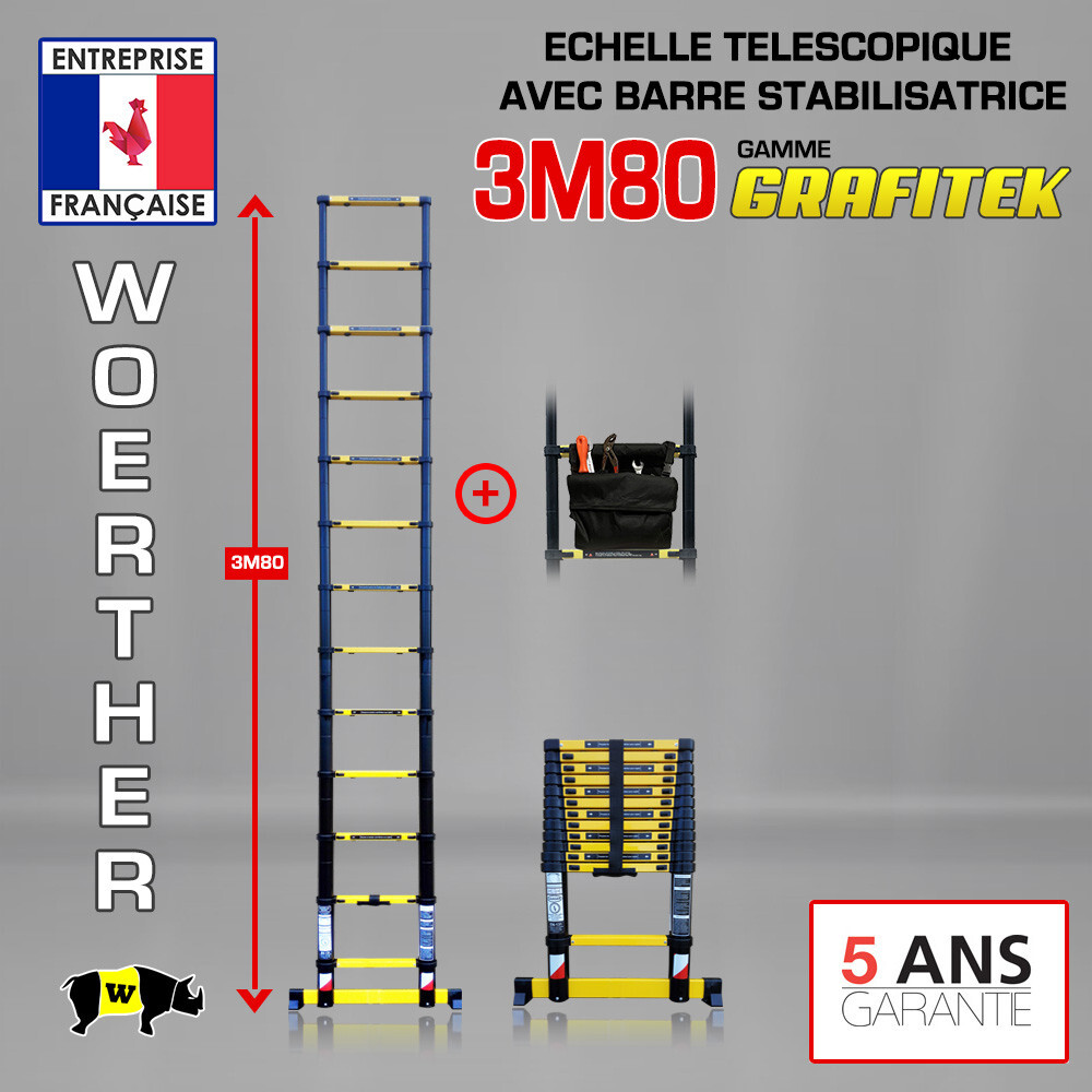 Échelle télescopique 3m80 Woerther avec barre de stabilisation et sac porte-outils