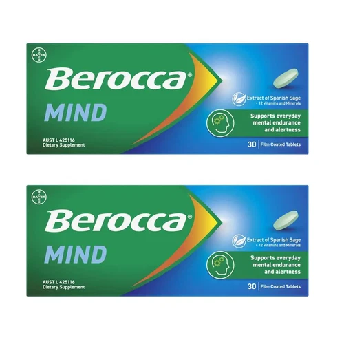 2 x Berocca Mind with Sage for Mental Endurance 12 Vitamins 30  tablets