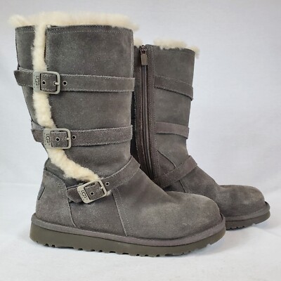 UGG Boots Womens 6 Maddi Gray Suede Leather Lined Moto Biker Buckles Zip 1001520