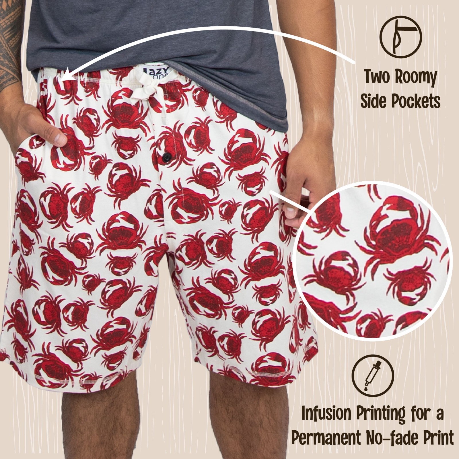 Men Pyjamas Shorts Men PJ Nightwear Summer Wear Nightie Crab Design