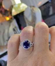 4Ct Oval Cut Simulated Blue Sapphire Halo Engagement Ring 14K White Gold Plated