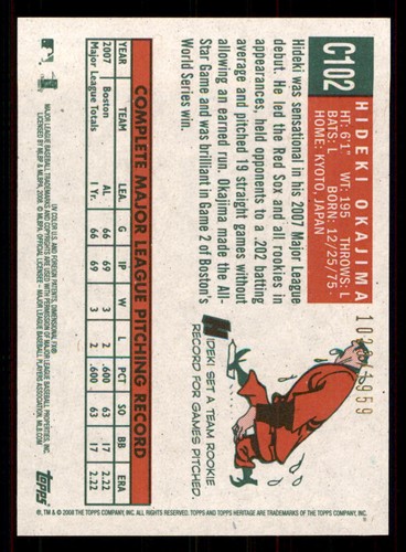 2008 Topps Heritage Chrome #C102 Hideki Okajima /1959 - Picture 2 of 2