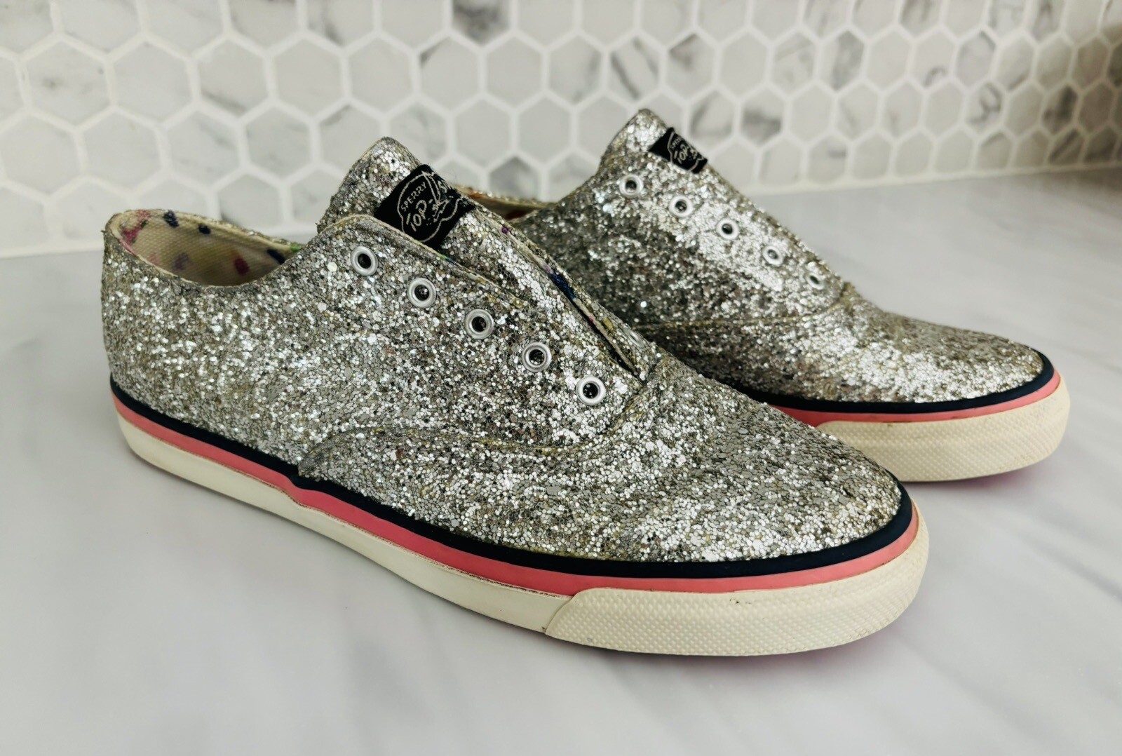Milly for Sperry Womens Top-Sider Silver Sparkle Glitter Boat
