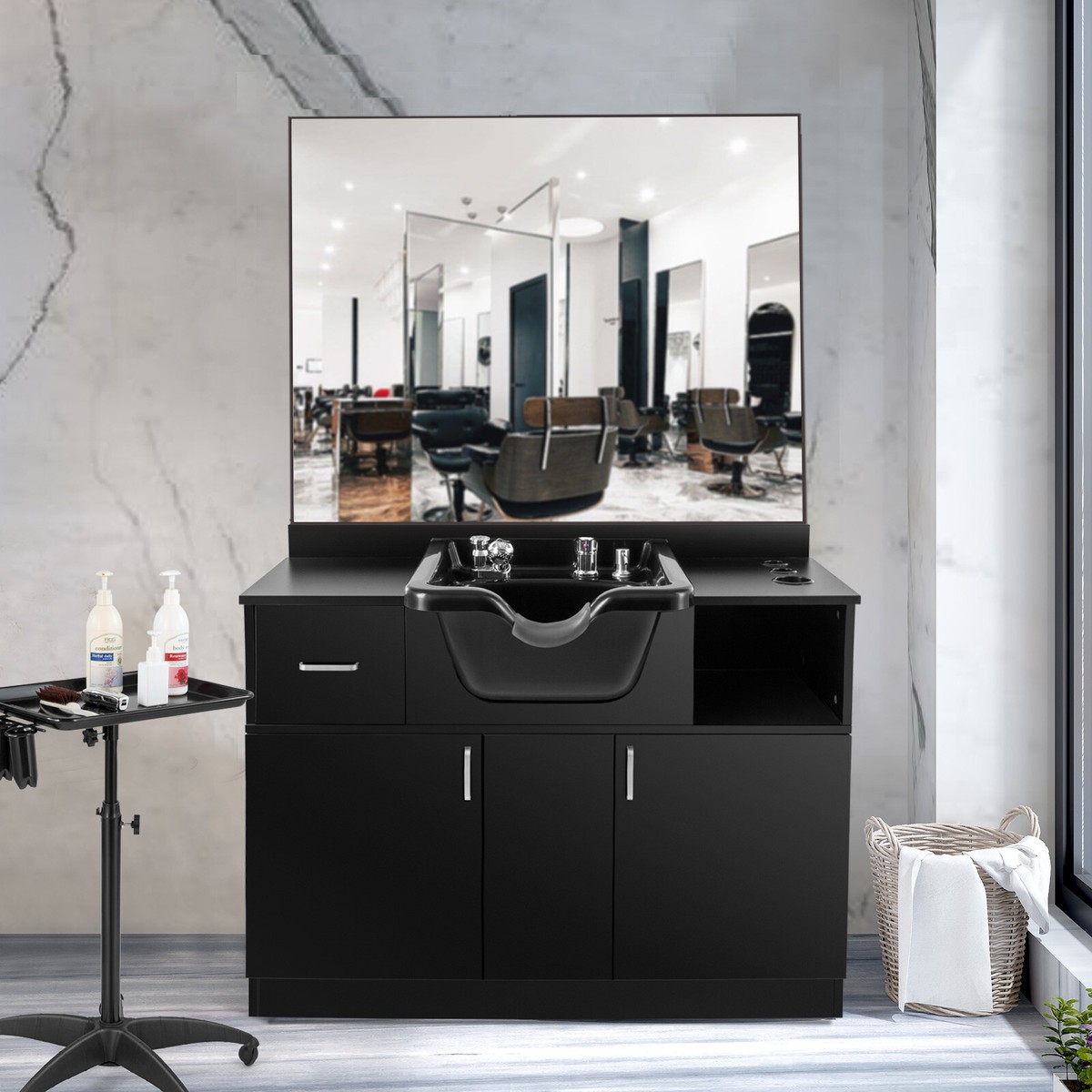 New Backwash Sink Station Shampoo Bowl Beauty Salon Spa Mirror+