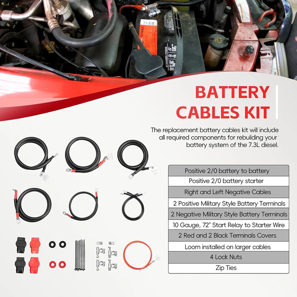 7.3 Diesel Battery Cables Kit for 1999-2003 Ford F250/F350/Excursion 2/0 Starter Foto 3 de 4