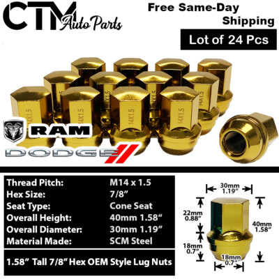 24-Piece Lug Nut Set For RAM 1500 (2019-2022) - M14x1.5 Thread, 7/8" Hex, Cone Seat