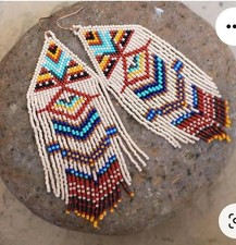 Tribal Earrings Native Large Boho American Seed Beads Handmade Earring