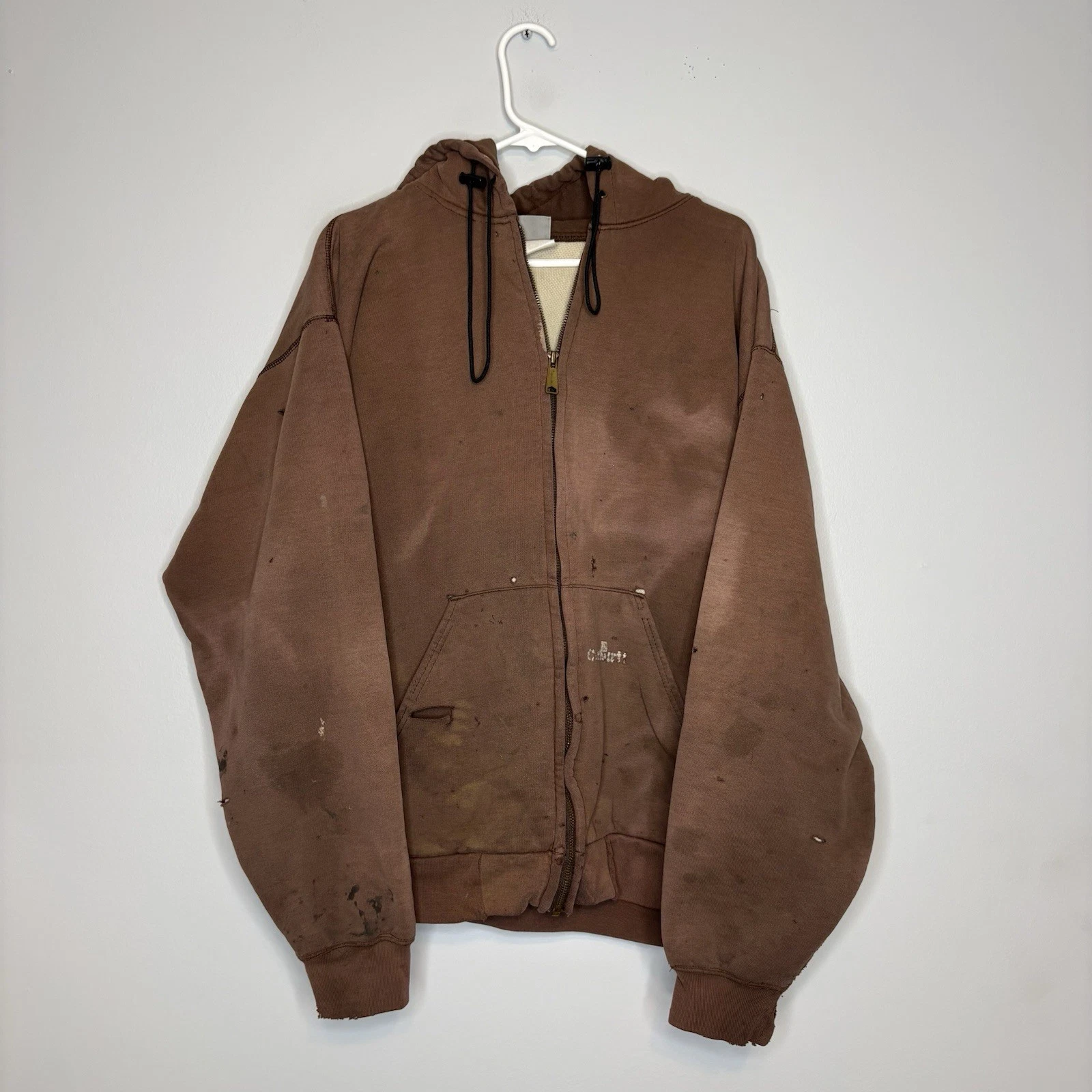 Vintage 90s Carhartt Thermal Lined Waffle Zip Up Hoodie Brown Distressed XL