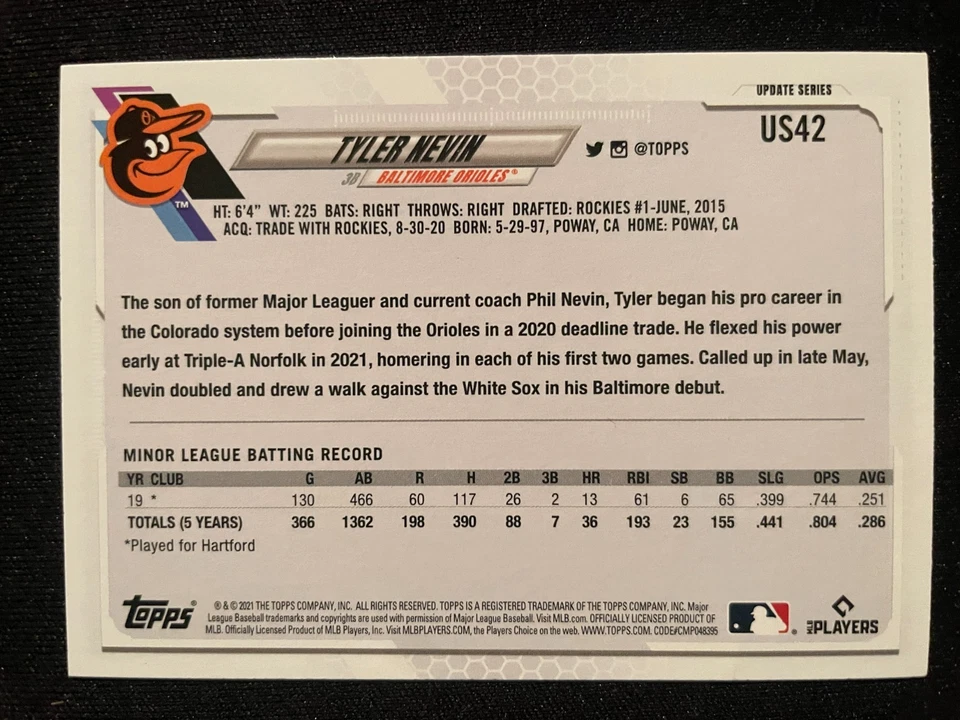 Tyler NEVIN RC 2021 Topps Update Series #US42 Baltimore Orioles - Image 2 of 2