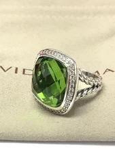 David Yurman Albion 925 Silver 17mm Albion Peridot & Diamond Ring Sz 6