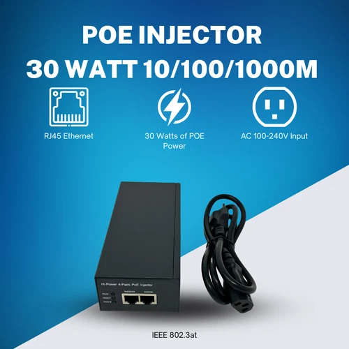 Gigabit 30 Watt POE Injector. 10/100/1000M. 100v - 240v Input. IEEE 802.3at