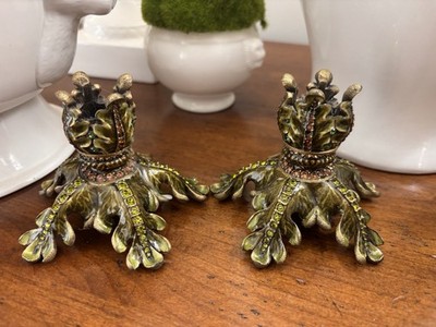 Pair JAY STRONGWATER Green Enamel JEWELED CRYSTAL FLORAL Short CANDLESTICKS