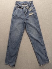 American Eagle Mom Jeans Womens 00 Blue High Rise Distressed Button Fly Raw Hem