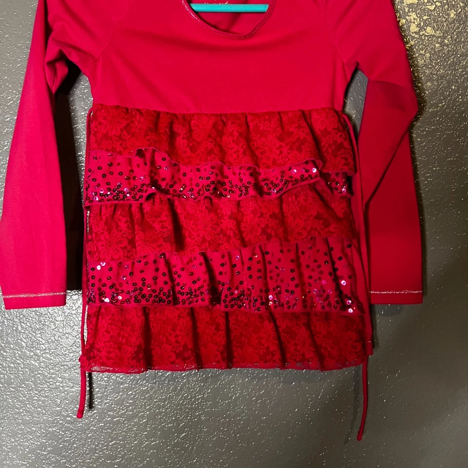 Vestido Justice Niñas Talla 8 Rojo Lentejuelas Encaje Volantes Manga Larga Vestido de Fiesta Foto 3 de 4